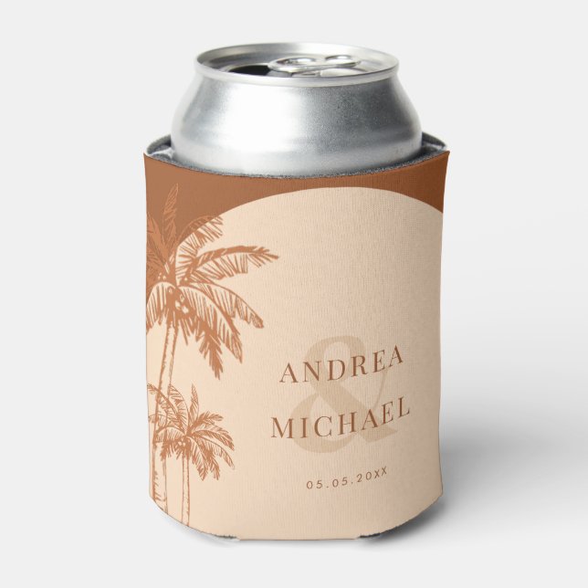 Terracotta Palm Tree Ampersand Beach Wedding Favou Can Cooler (Can Front)