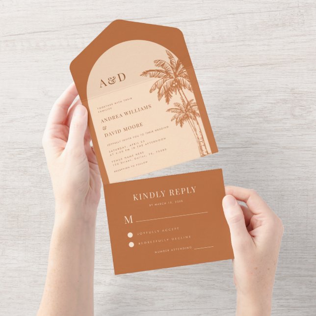 Terracotta Palm Tree Tropical Beach Boho Wedding  All In One Invitation (Tearaway)