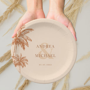 Terracotta Palm Trees & Ampersand Beach Wedding Paper Plate
