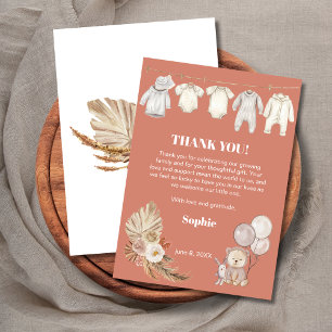 Terracotta Pampas Boho Cute Bear Baby Shower Thank You Card
