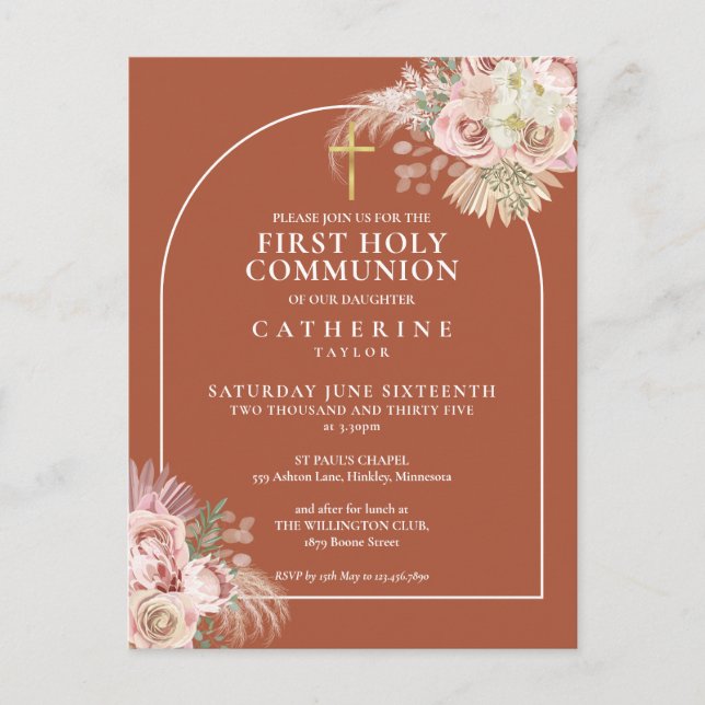 Terracotta Pampas Grass Arch First Holy Communion Invitation Postcard (Front)