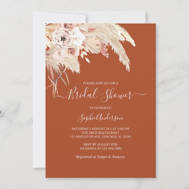 Terracotta Pampas Grass Bohemian Bridal Shower Invitation (Front)