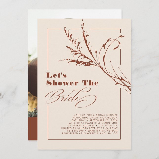 Terracotta Pampas Grass Boho Bridal Shower Photo Invitation (Front/Back)