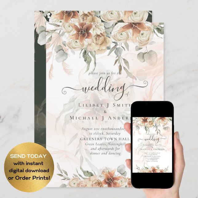 Terracotta Pampas Grass BOHO Wedding Invitation (Creator Uploaded)