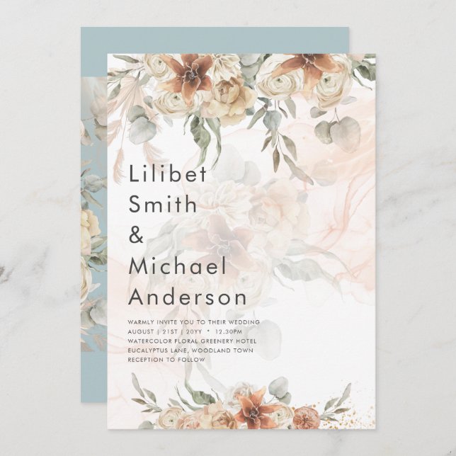 Terracotta Pampas Grass BOHO Wedding Invitation (Front/Back)