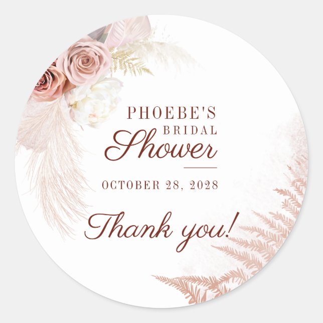Terracotta Pampas Grass Bridal Shower Classic Round Sticker (Front)