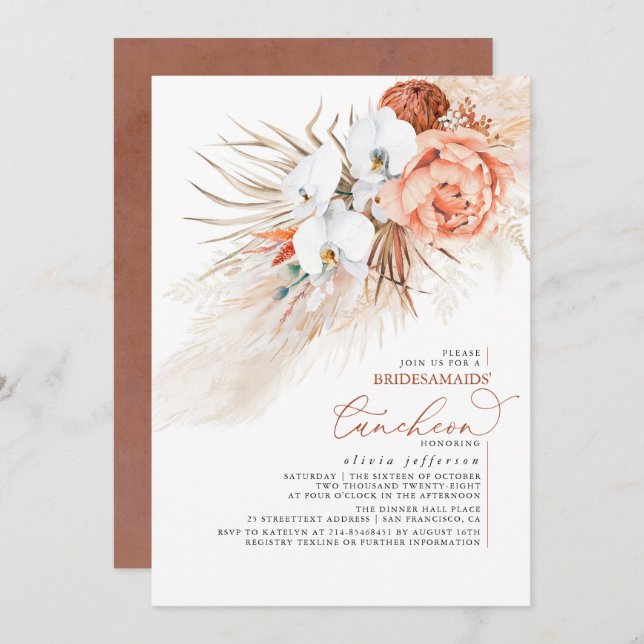 Terracotta Pampas Grass Bridesmaids Luncheon Invitation (Front/Back)