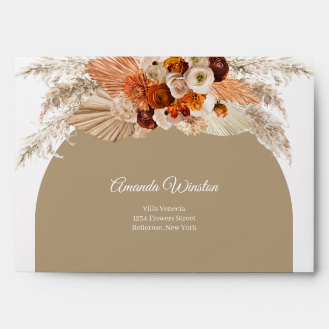 Terracotta pampas grass burnt orange boho arch envelope (Front)