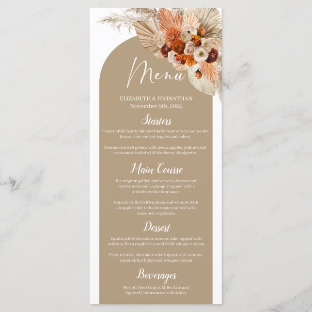 Terracotta pampas grass burnt orange Boho Arch Menu (Front)