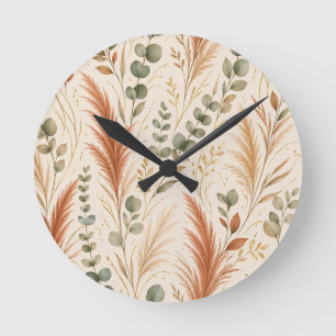 Terracotta Pampas Grass Eucalyptus Neutral Boho Round Clock