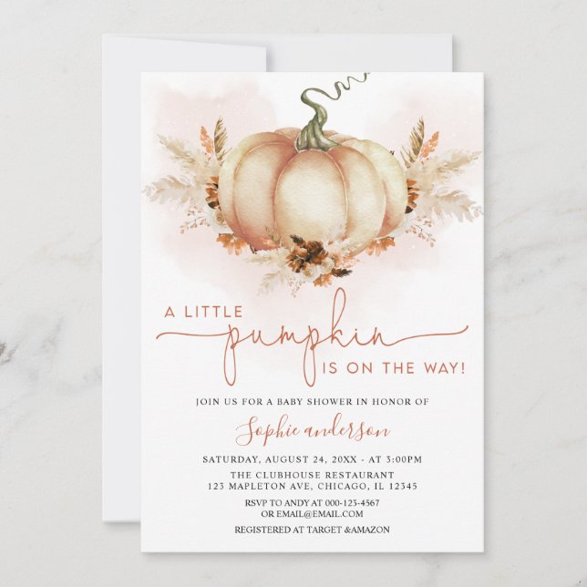 Terracotta Pampas Grass Little Pumpkin Baby Shower Invitation (Front)
