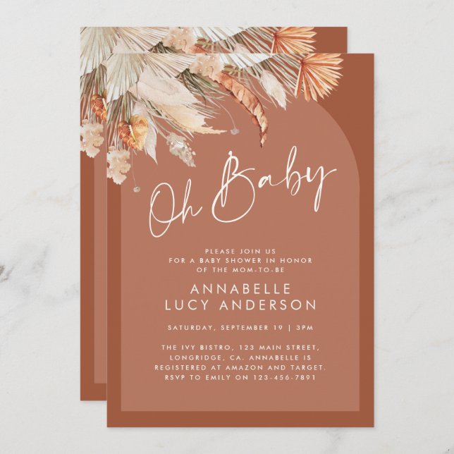 Terracotta pampas grass modern baby shower invitat invitation (Front/Back)