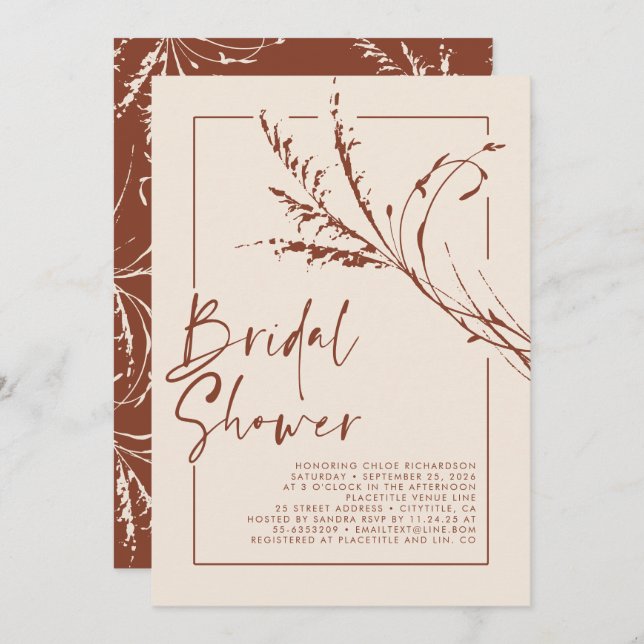 Terracotta Pampas Grass Modern Boho Bridal Shower Invitation (Front/Back)