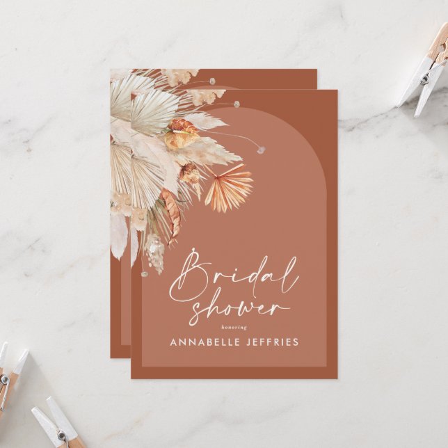 Terracotta pampas grass modern bridal shower invitation (Front/Back In Situ)