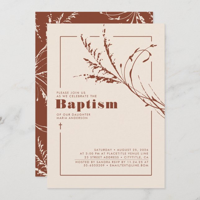 Terracotta Pampas Grass Modern Minimalist Baptism Invitation (Front/Back)