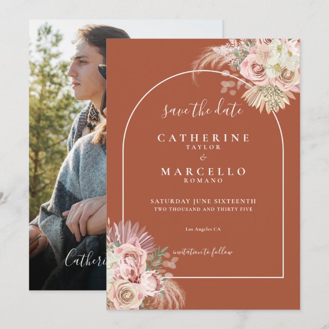 Terracotta Pampas Grass Photo Wedding Save The Date (Front/Back)