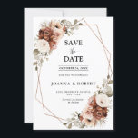 Terracotta Pampas Grass Rustic Geometric Wedding Save The Date<br><div class="desc">Elegant Terracotta Orange earthy floral theme wedding save the date card featuring elegant bouquet of White ,  Beige,   Sage Terracotta colour roses peonies  and eucalyptus leaves. Please contact me for any help in customisation or if you need any other product with this design.</div>