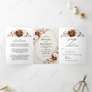 Terracotta Pampas Grass Rustic Geometric Wedding T Tri-Fold Programme