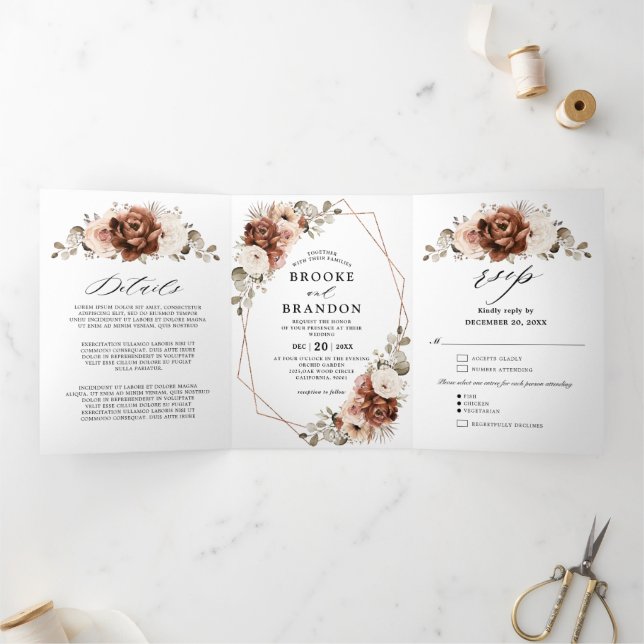 Terracotta Pampas Grass Rustic Geometric Wedding Tri-Fold Programme (Inside)