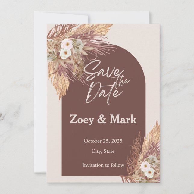 Terracotta Pampas Grass Save the Date | Rustic Invitation (Front)