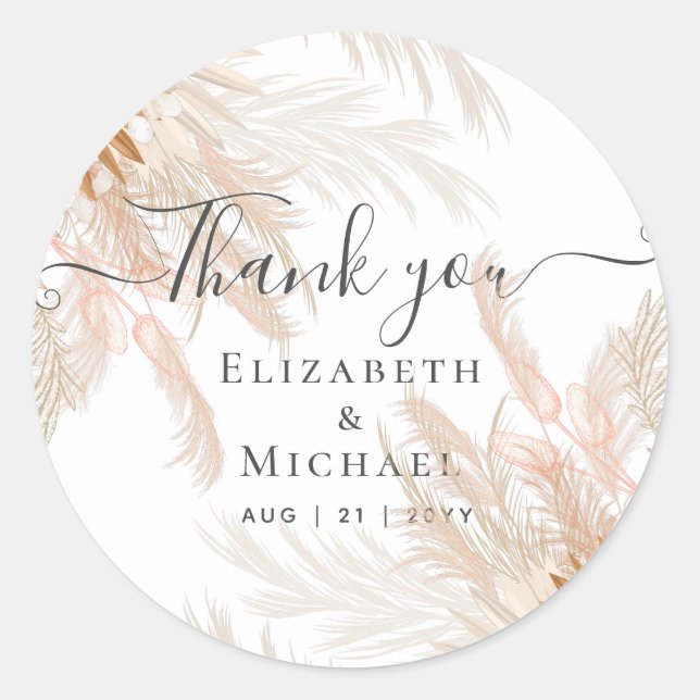 Terracotta Pampas Grass Tropical Wedding Classic Round Sticker (Front)