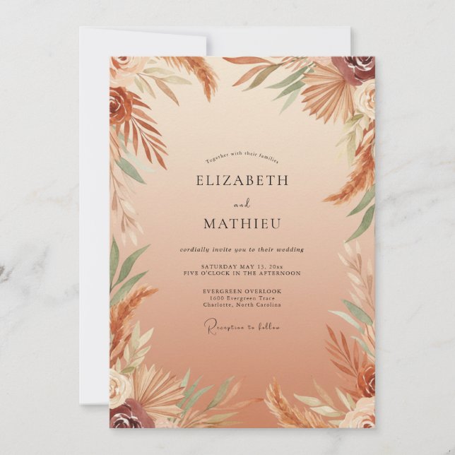 Terracotta Pampas Leaf Wedding Invitation (Front)