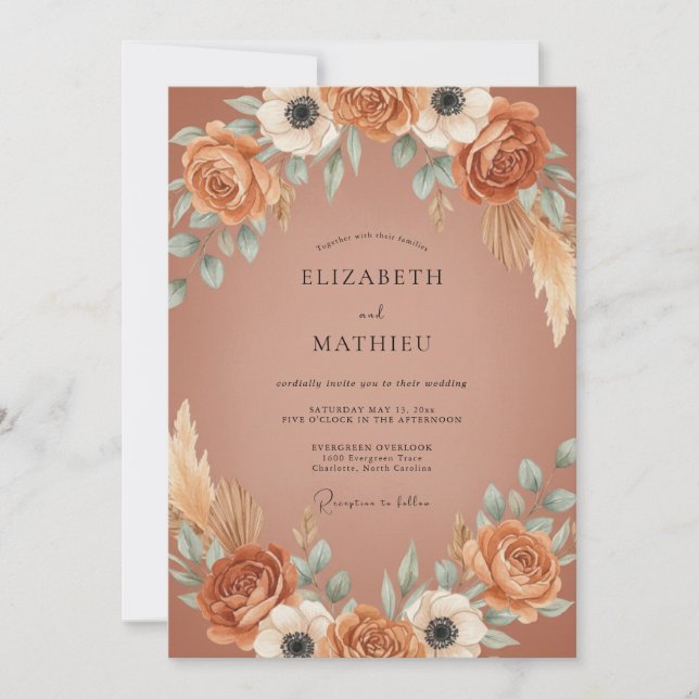 Terracotta Pampas Leafy Wedding Invitation (Front)