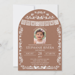Terracotta Papel Picado Baptism Girl Photo Arch Invitation