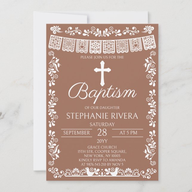 Terracotta Papel Picado Girl Baptism Invitation (Front)