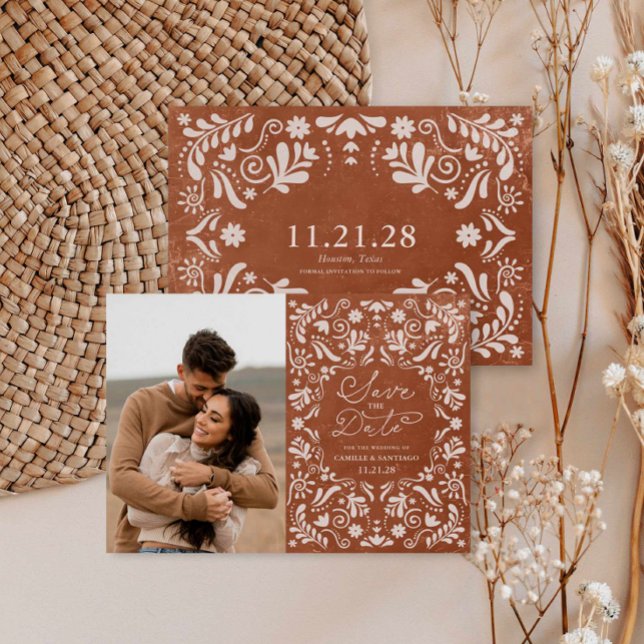 Terracotta Papel Picado Photo Save the Date (Modern Mexican Photo Save the Date Card)