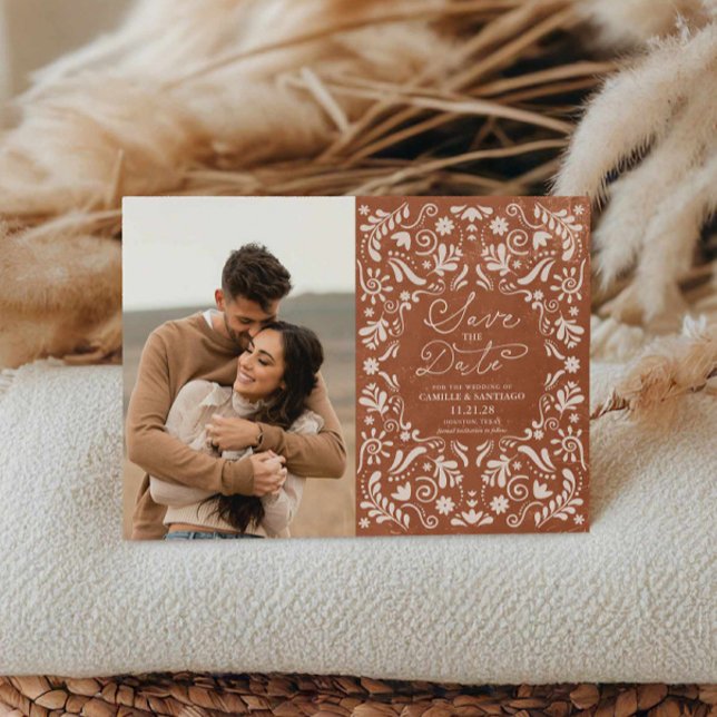 Terracotta Papel Picado Photo Save the Date Magnetic Invitation (Creator Uploaded)