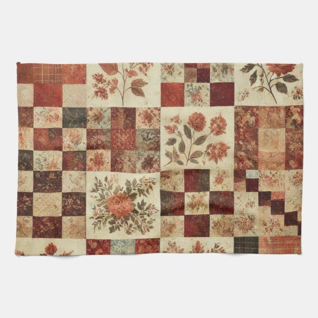 Terracotta Patchwork and Quilt Rustic Floral  Tea Towel (Horizontal)