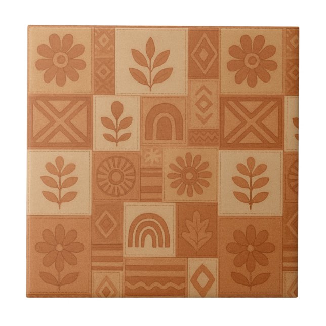 Terracotta Patchwork Quilt Rustic Farmhouse Floral Ceramic Tile (Front)
