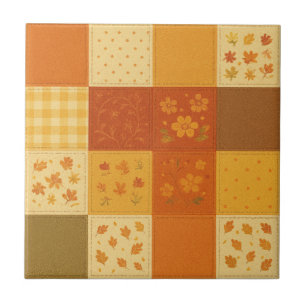 Terracotta Patchwork Quilt Rustic Farmhouse Floral Ceramic Tile