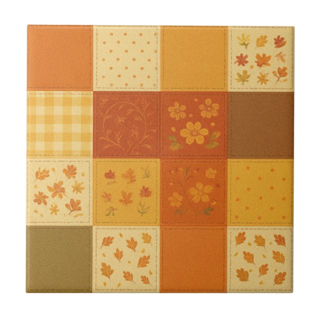Terracotta Patchwork Quilt Rustic Farmhouse Floral Ceramic Tile (Front)