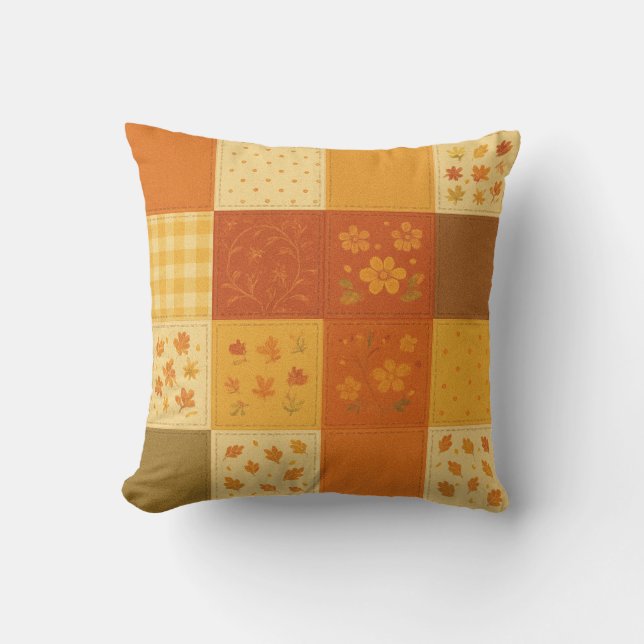 Terracotta Patchwork Quilt Rustic Farmhouse Floral Cushion (Front)