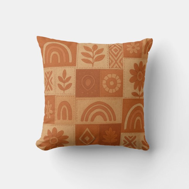 Terracotta Patchwork Quilt Rustic Farmhouse Floral Cushion (Front)