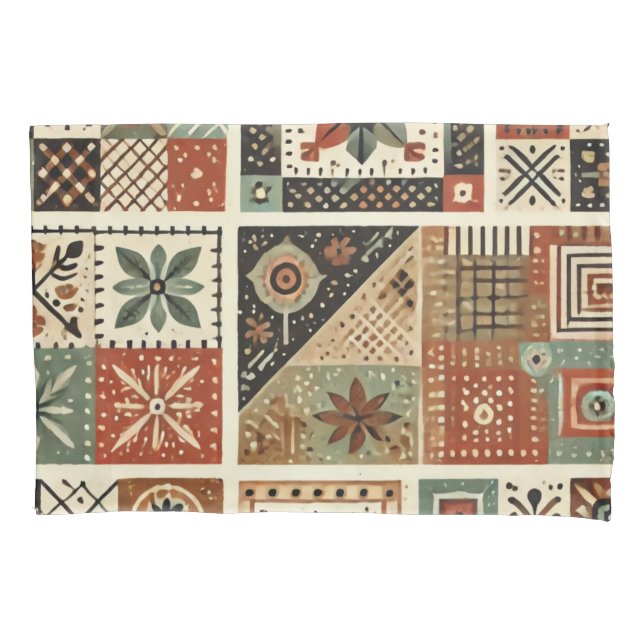 Terracotta Patchwork Quilt Rustic Farmhouse Pillowcase (Front)