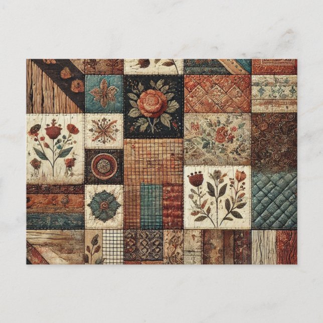 Terracotta Patchwork Quilt Rustic Floral Design Postcard (Front)