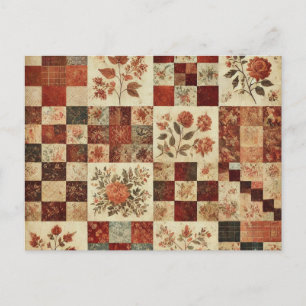 Terracotta Patchwork Quilt Rustic Floral Design Postcard