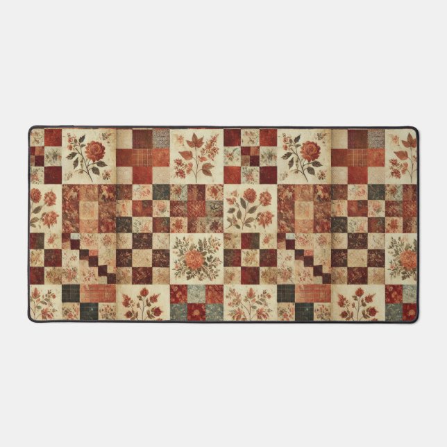 Terracotta Patchwork Quilt Rustic Floral Desk  Mat (Front)