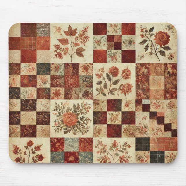 Terracotta Patchwork Quilt Rustic Floral Desk  Mouse Pad (Front)
