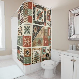 Terracotta Patchwork Quilt Rustic Retro Floral  Shower Curtain