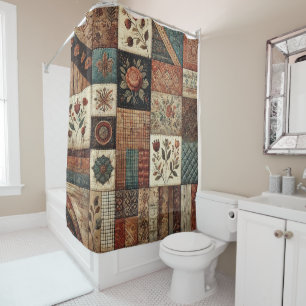 Terracotta Patchwork Quilt Rustic Retro Floral  Shower Curtain