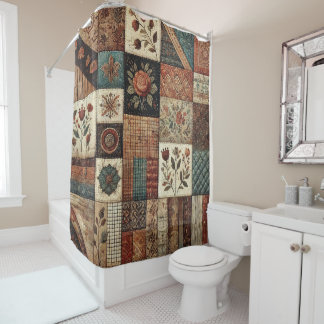 Terracotta Patchwork Quilt Rustic Retro Floral Shower Curtain