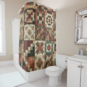 Terracotta Patchwork Quilt Rustic Retro Floral  Shower Curtain