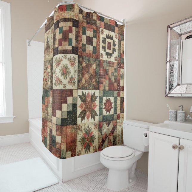 Terracotta Patchwork Quilt Rustic Retro Floral  Shower Curtain (In Situ)