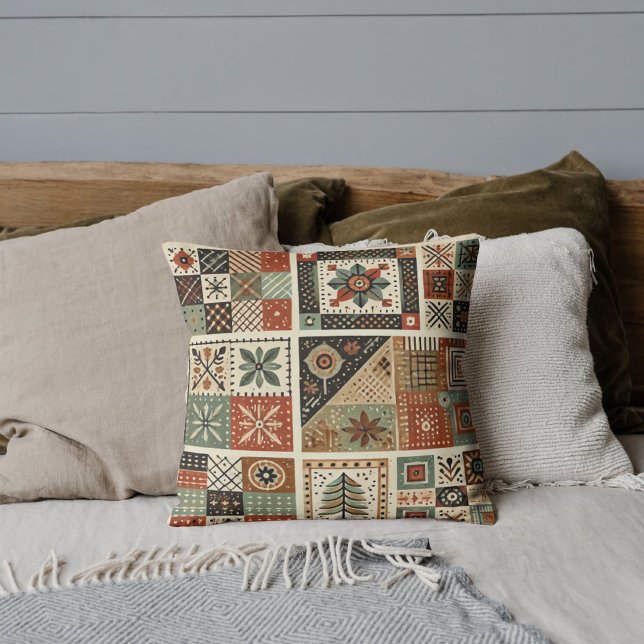 Terracotta Patchwork Quilt Rustic Retro Vintage Cushion (Creator Uploaded)