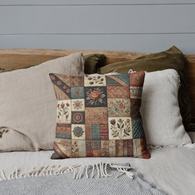 Terracotta Patchwork Quilt Rustic Retro Vintage Cushion (Creator Uploaded)