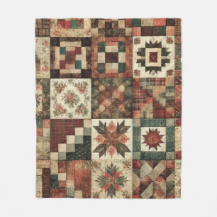 Terracotta Patchwork Quilt Rustic Retro Vintage Fleece Blanket